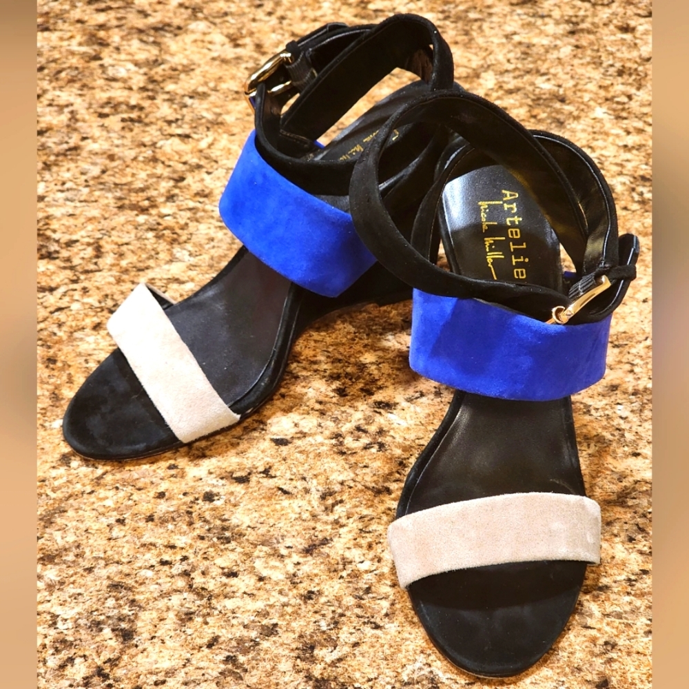NICOLE MILLER ARTELIER Wiley Suede Wedge Sandal -  Black/Blue/Taupe - Size 5.5